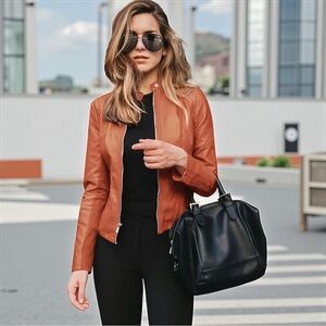 Red Tangerine Faux Leather Moto Biker Jacket